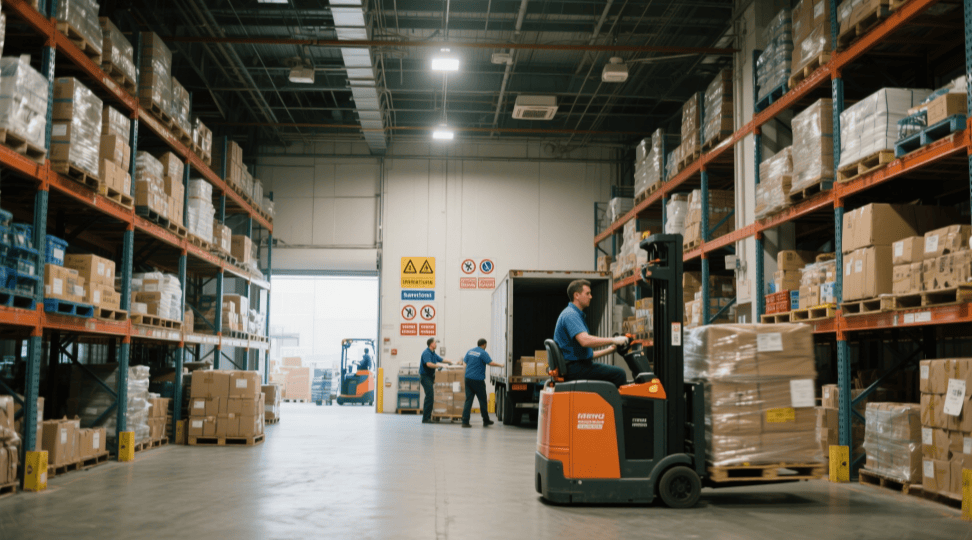 Optimized Warehouse Loading Process for Faster Delivery Warehouse workers loading goods onto a truck for streamlined supply chain operations