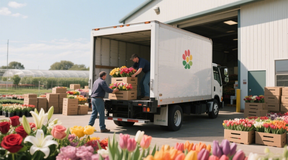 Specialized refrigerated truck loading fresh flowers in Yunnan for international transport