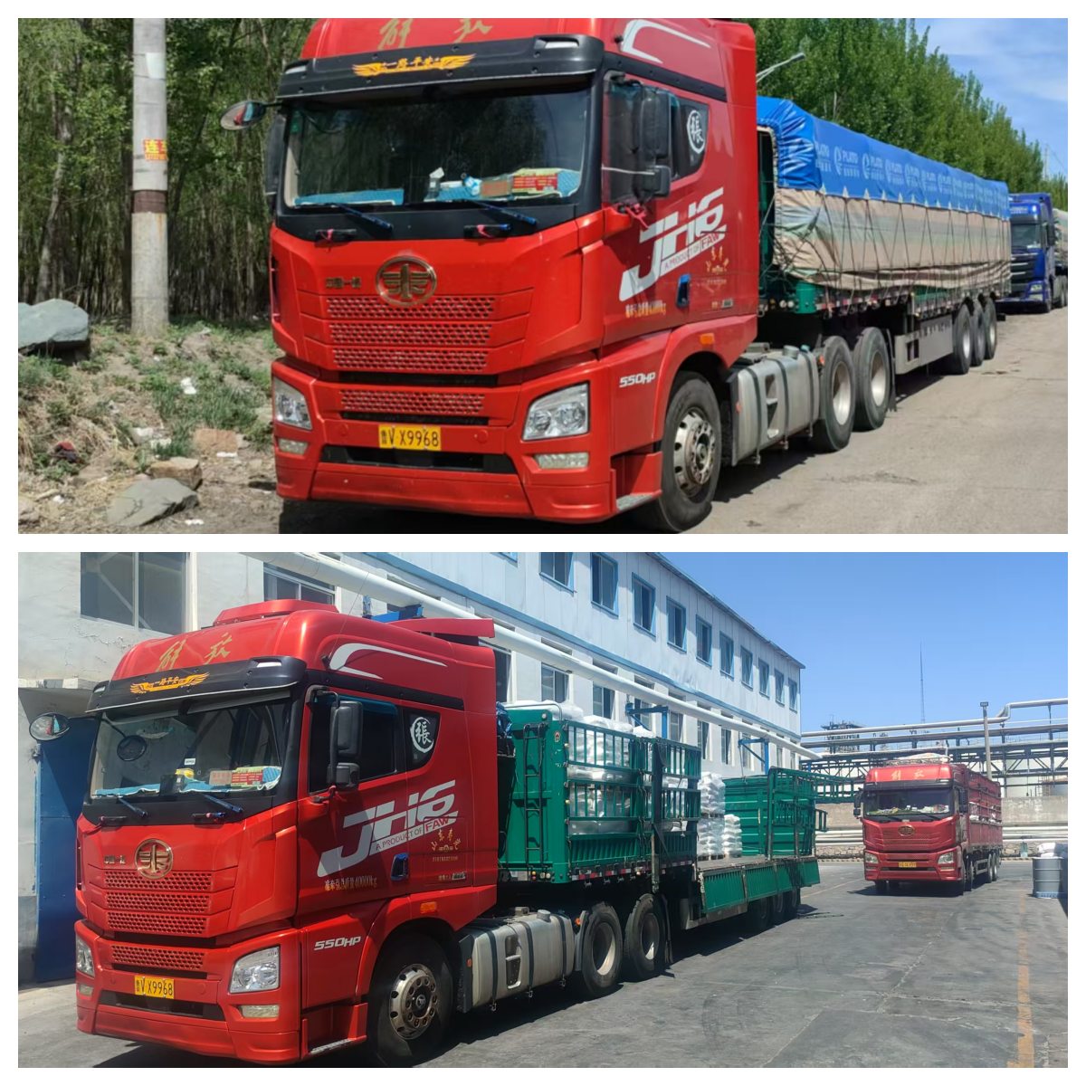 DR Trans team loading film-wrapped PVC additive bags onto stake trailer in Shandong warehouse with moisture-proof covers