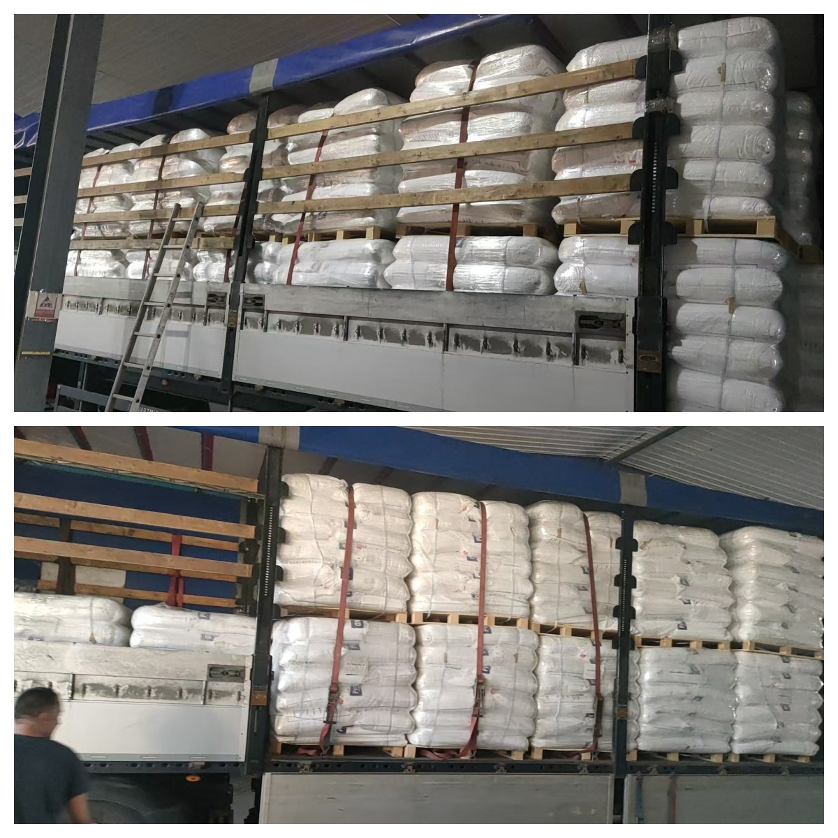 Intact PVC additive bags after 3,200km TIR transport being unloaded in Moscow warehouse with moisture-proof covers removed