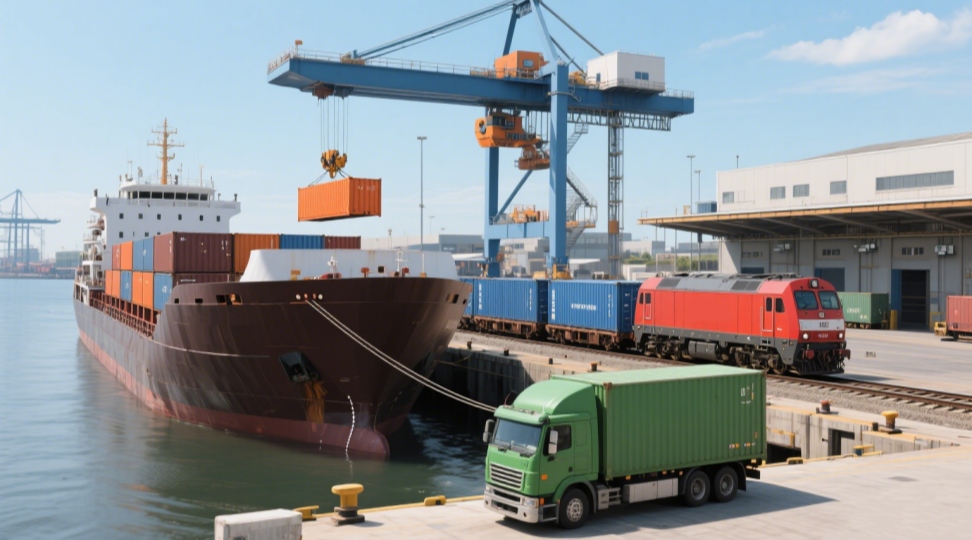 Six Types of Transportation in Logistics – A Global Overview Visual overview of the six main forms of transport used in global logistics: road, rail, sea, air, pipeline, and multimodal solutions.