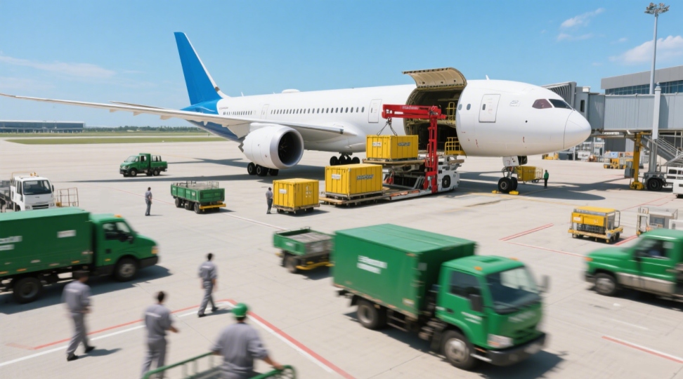 Air Freight in Logistics – High-Speed International Transport Air cargo terminal showcasing international freight being loaded onto a cargo plane, emphasizing speed and reliability in logistics.