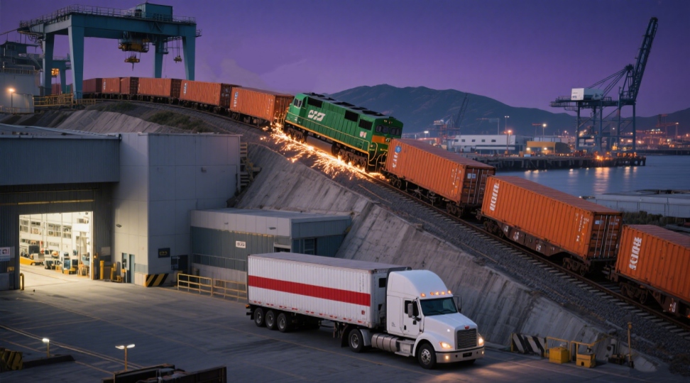 Intermodal Transportation Process – Port to Rail to Truck An intermodal logistics process showing container transition between sea, rail, and road transport to illustrate multimodal efficiency.