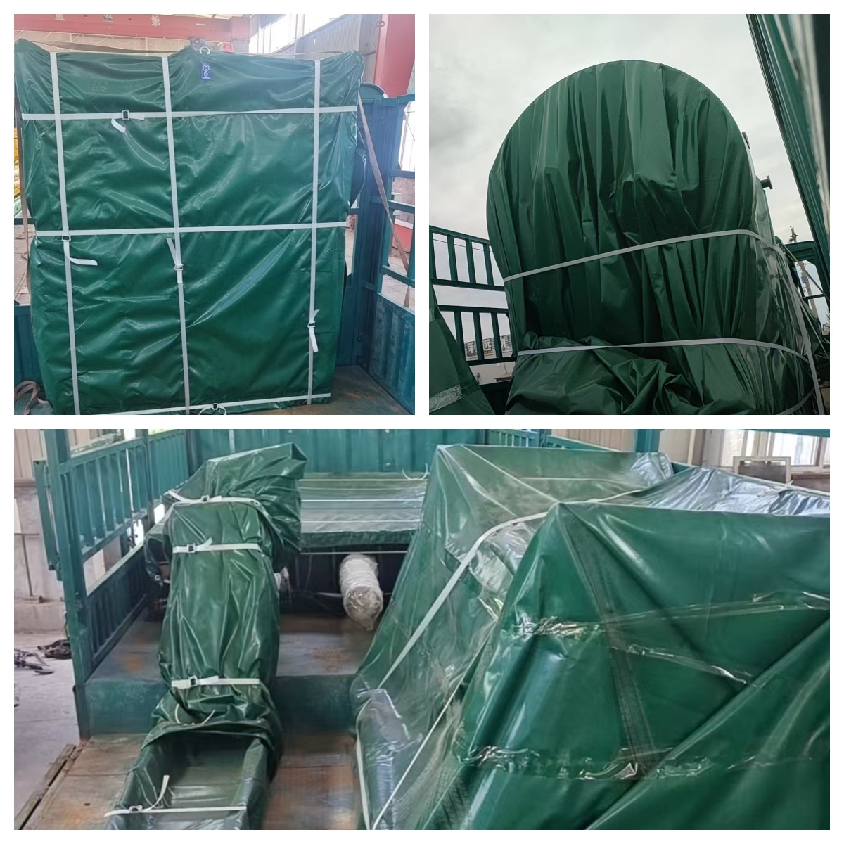 Disassembled equipment units wrapped with protective tarps to ensure safe transport through high-temperature zones.