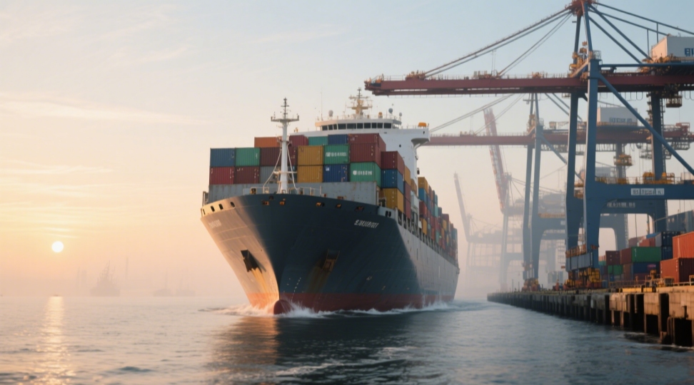 Container ship departing Shanghai port on direct shipping route to Santos, Brazil