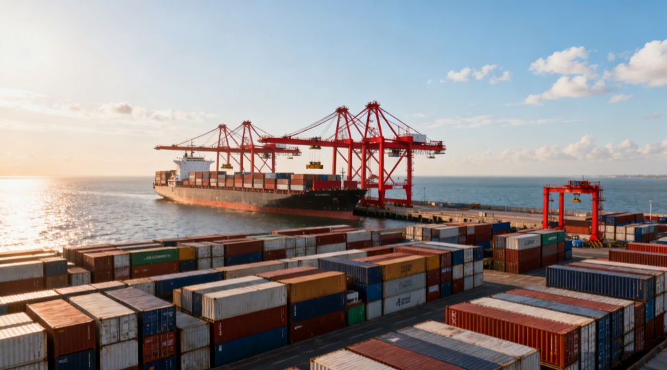 International shipping consignment at a busy container port showing container stacks and cranes