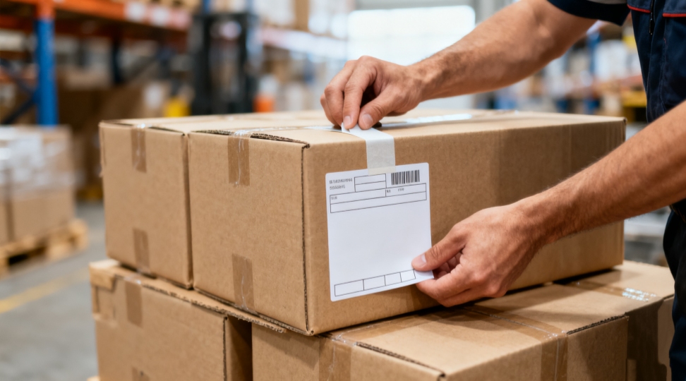 Consignor prepares packaging and shipping labels before export to ensure safe international transport.