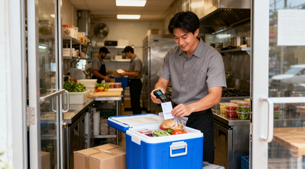 courier-pickup-small-food-business Courier picking up insulated boxes from small food business for international shipping