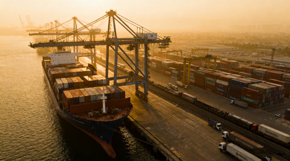 Aerial view of a busy seaport and container terminal with ship-to-shore cranes unloading containers.