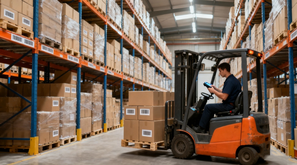 Supplier warehouse interior with pallets and forklift in motion