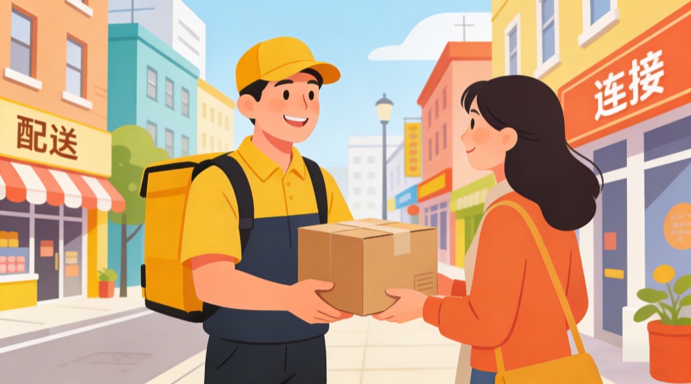 Last-mile delivery: Reaching end customers in the distribution network The film depicts heartwarming moments of couriers smiling as they deliver packages to customers on city streets, showcasing last-mile delivery and customer handover scenarios.