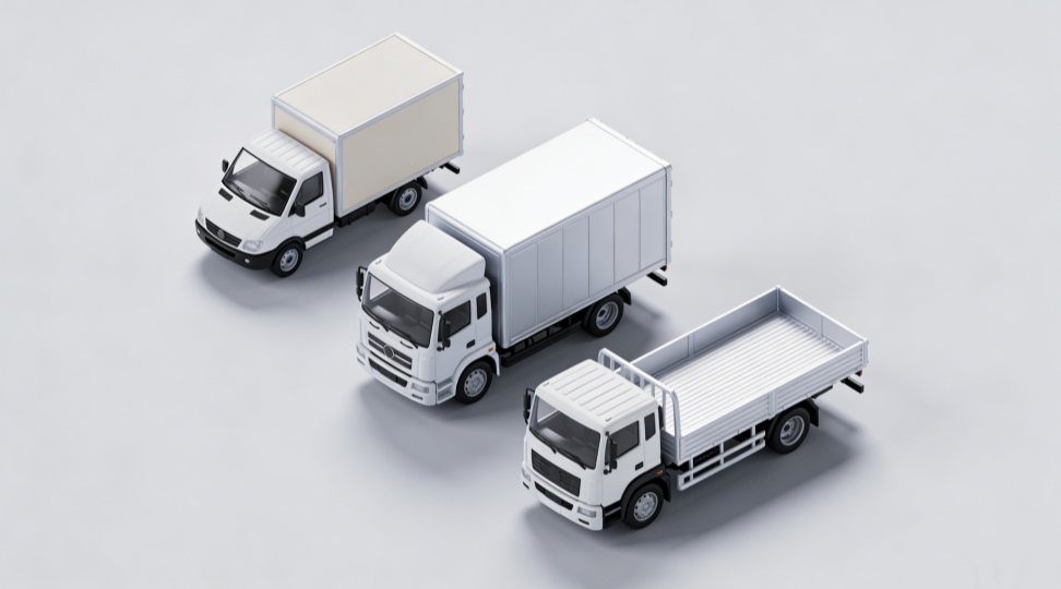 Comparison of Different Straight Truck Body Types Diagram showing three types of straight trucks: a box truck, a refrigerated truck, and a flatbed truck, in a flat lay style.