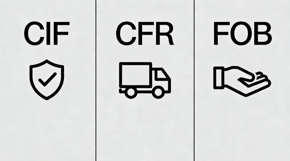 Three-column icon comparison of CIF CFR and FOB shipping terms