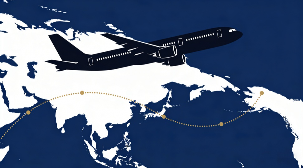 Minimalist illustration of a freighter aircraft tracing a gold dotted line above a dark blue map of Europe and Asia. DR Trans matches aircraft types used in cargo shipping to actual shipment requirements, routing goods from Zhengzhou to Budapest or Ho Chi Minh to Tashkent without capacity mismatch.