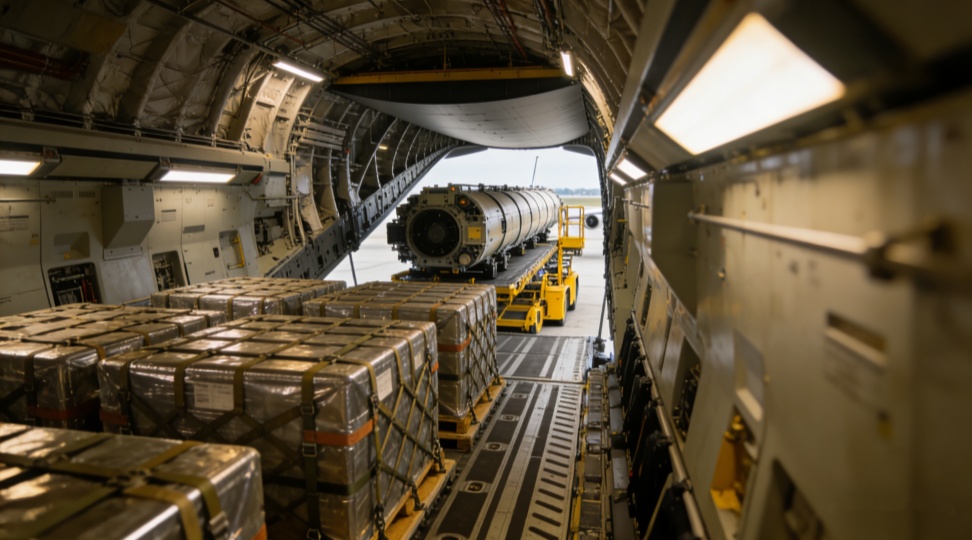 Inside the main deck of a cargo plane, yellow ground support equipment loads industrial machinery and metal pallets. Main deck capability accepts shipments above 160 cm in height, making it the preferred freight aircraft type for oversized items like moulds and turbine blades on Eurasia lanes.